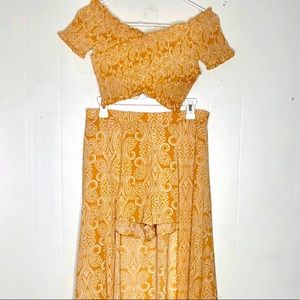 Golden Paisley Boho 2pc High Low Skort With Train & Off Shoulder Crop Top Set